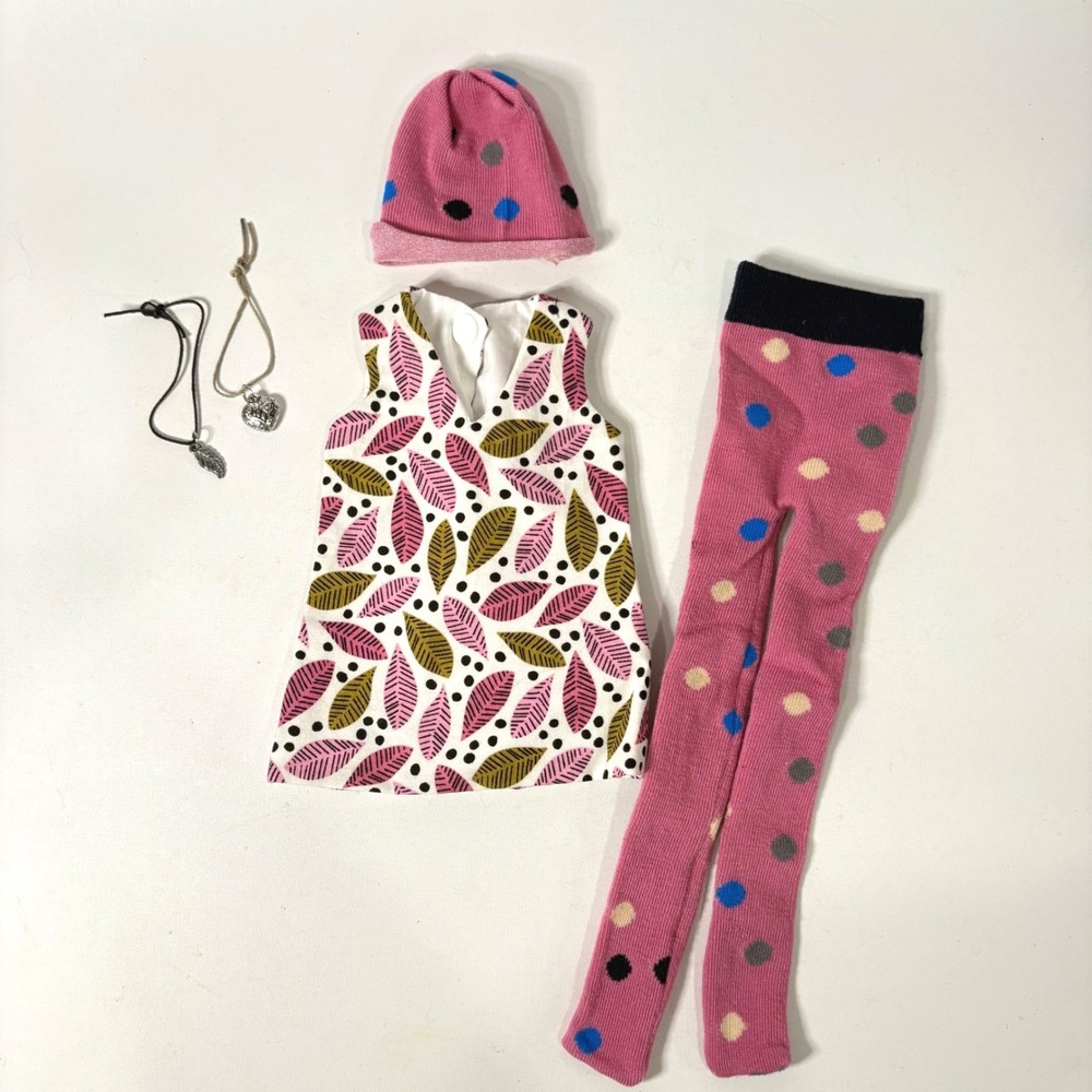 Handmade 14 inch Doll Clothes Set Leaf Print Dress Leggings Hat Necklace 5pc